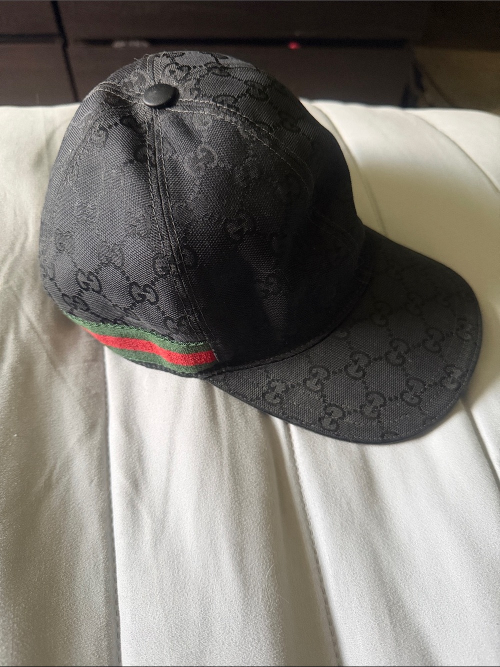 Gucci Black GG Monogram Baseball Cap with Green-Red Stripe